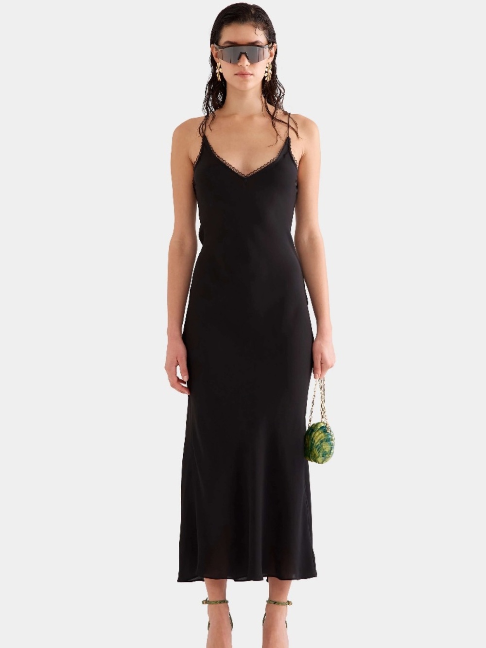 Venroy Lace Trim Silk Open Back Dress Black Size S